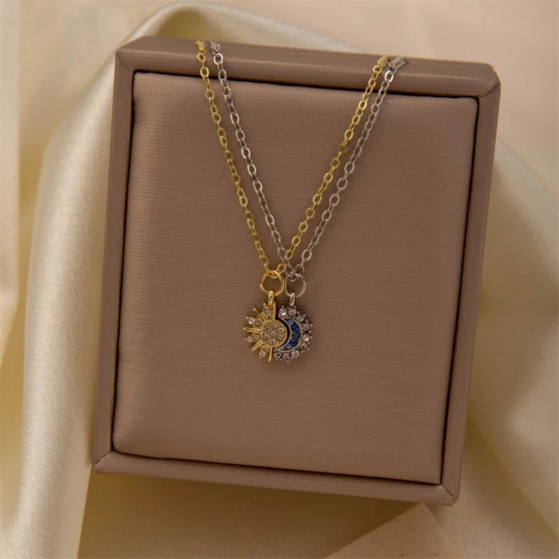 New Copper Metal Sun Moon Couple Necklace Fashion Chain for Men and Women Good Friend Gifts Trend Jewelry