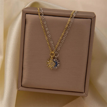 New Copper Metal Sun Moon Couple Necklace Fashion Chain for Men and Women Good Friend Gifts Trend Jewelry