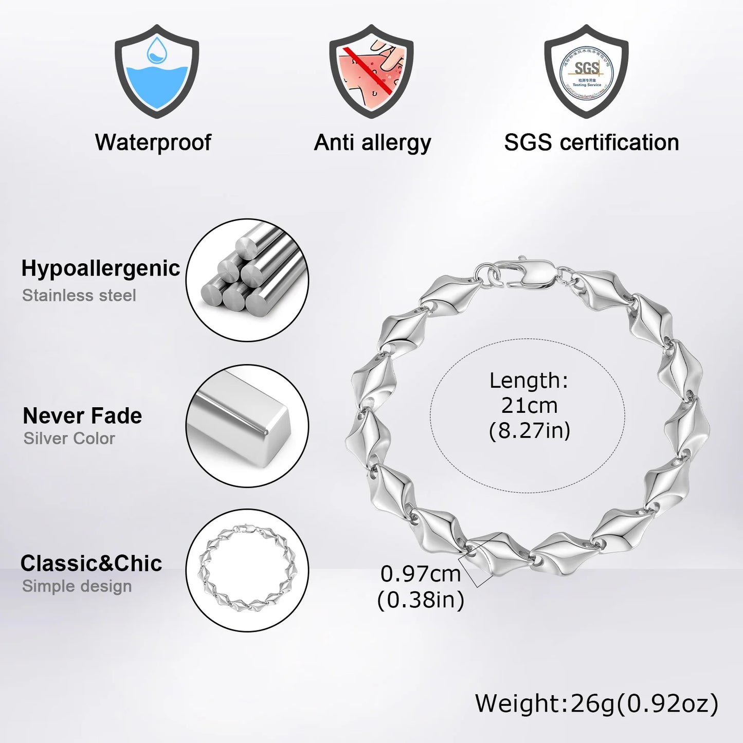 Stainless Steel Geometric Rhombus Link Chain Bracelets for Men, Chunky Handmade Chain Wristband Bracelet, Punk Rock Jewelry Gift