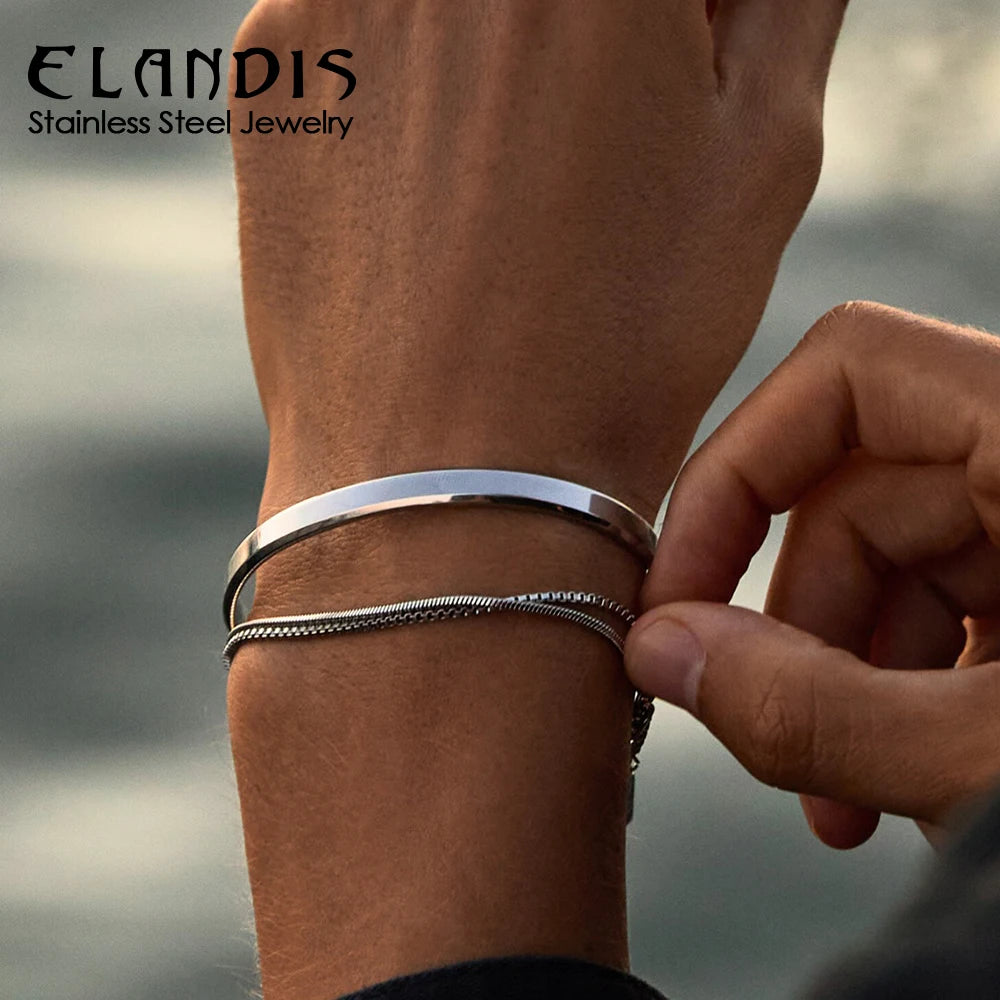 ELANDIS Minimalist Style Silver Color Stainless Steel Layered Bracelet Set for Daily Commute Casual Fashion Jewelry Accessory