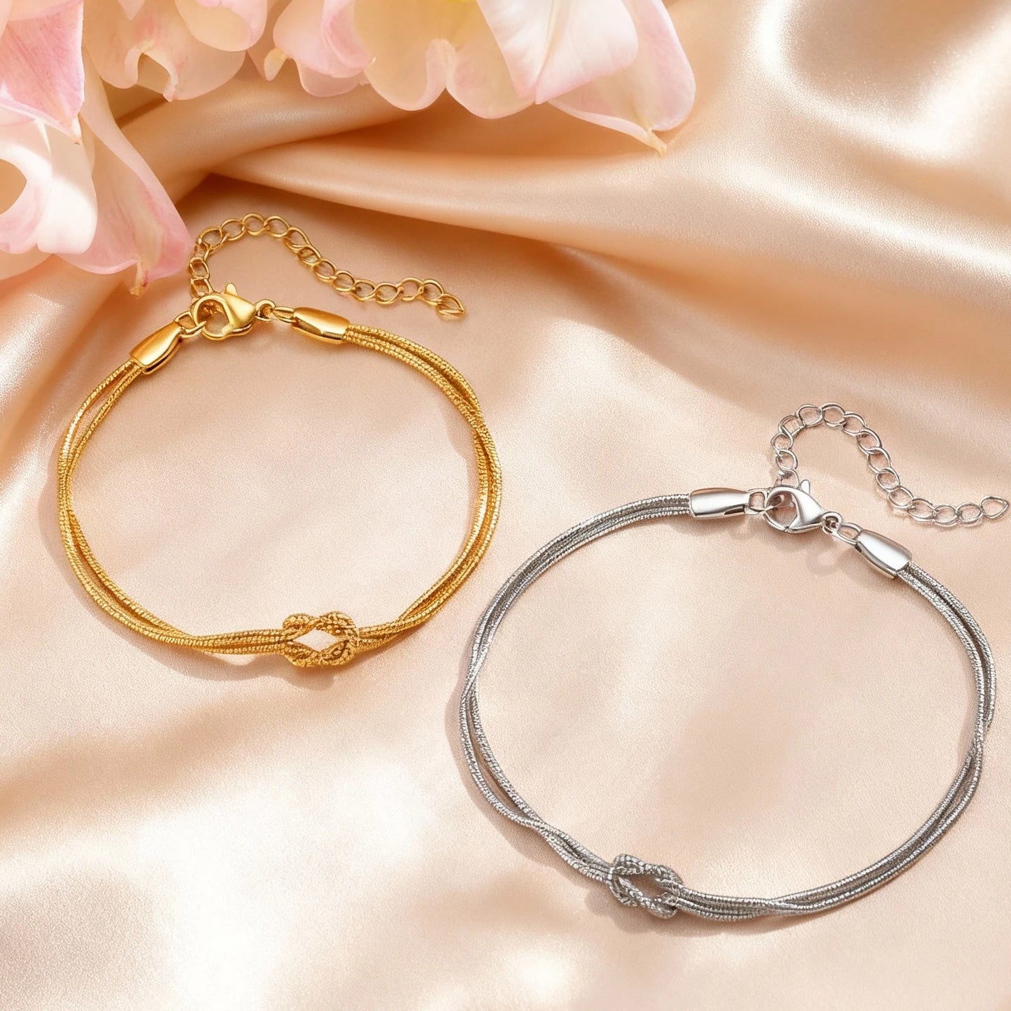 Fashion Love Knot Couple Bracelet Set, Stainless Steel Round Snake Chain Bracelets for Women Men Jewelry Valentine's Gift