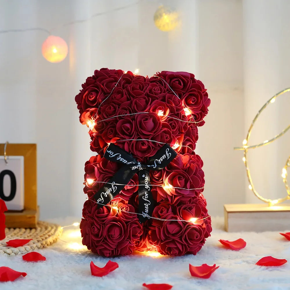 Charming 25Cm Artificial Rose Bear with Gift Box - Perfect Romantic Valentine's Day Gift for Her
