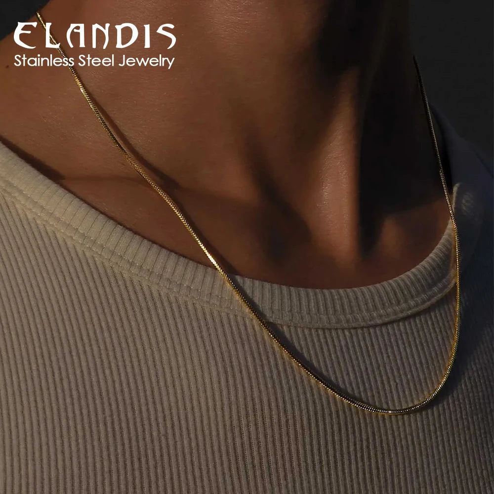 ELANDIS   White Golden Round Snake Chain 1.5MM Square Chain Necklace in Men's Stainless Steel Waterproof Accessories Jewelry
