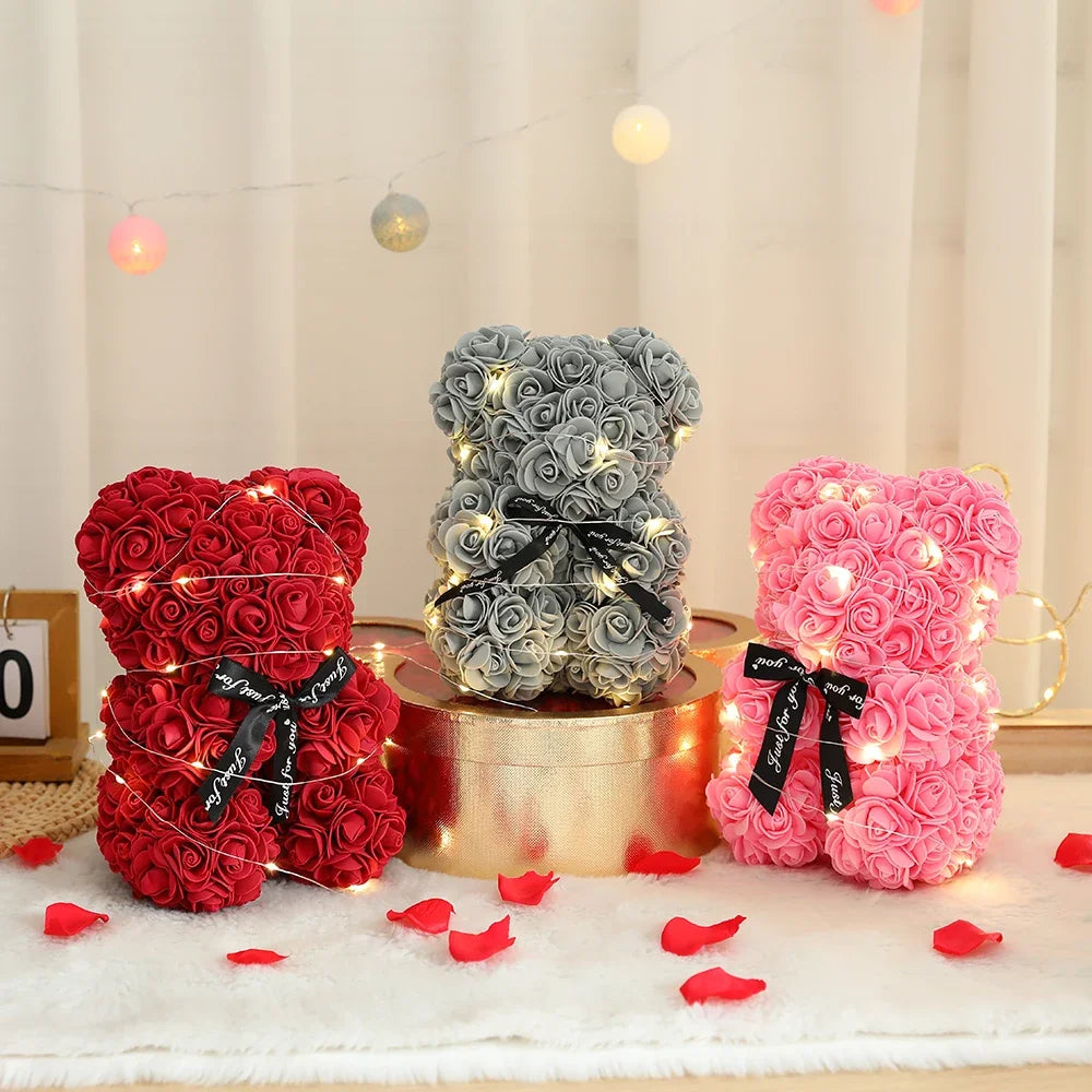 Charming 25Cm Artificial Rose Bear with Gift Box - Perfect Romantic Valentine's Day Gift for Her