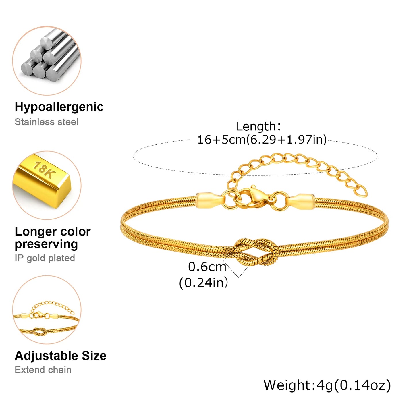 Fashion Love Knot Couple Bracelet Set, Stainless Steel Round Snake Chain Bracelets for Women Men Jewelry Valentine's Gift